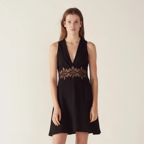 Sandro Elena Flared Guipure Lace Panel Crepe Mini Dress - Picture 1 of 6